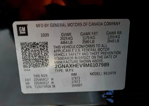2021 Chevrolet Equinox Ls z USA, uszkodzony, nr VIN 2GNAXHEV9M6107989